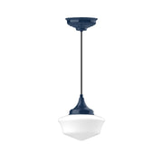 Navy pendant light with white glass shade and fluted canopy