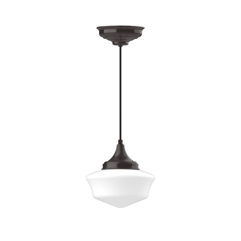 Architectural pendant light with dark bronze canopy and stem, frosted glass shade