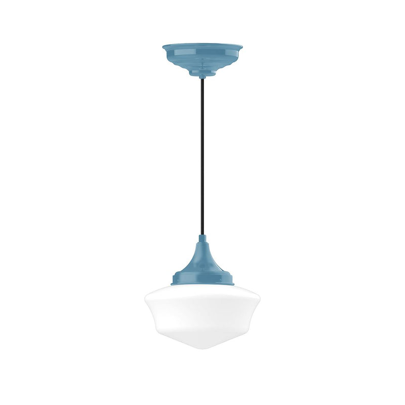 Light blue pendant light with white bell-shaped glass shade