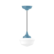 Light blue and white pendant light with frosted glass shade and slim cord