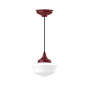 Barn red pendant light with white glass shade and hanging cord