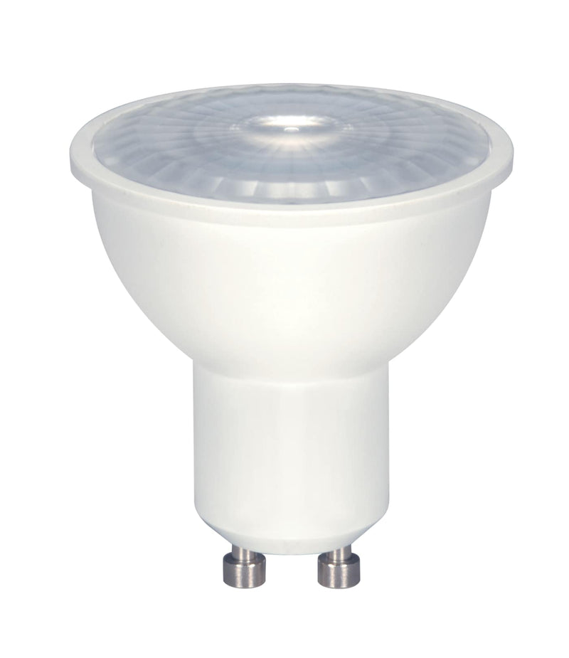 GU10 base MR16 LED bulb with white housing, clear lens, and two metal pins