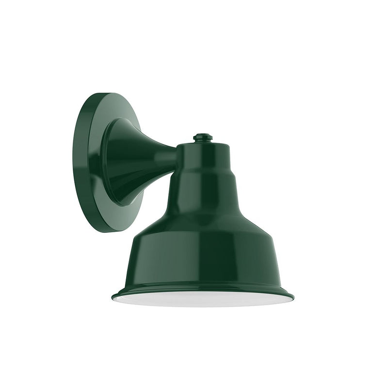 Forest green LED wall light with round backplate and cone-shaped shade