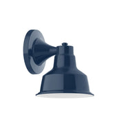 Navy wall light with round backplate and bell shade