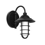 Black outdoor wall sconce with curved arm and clear glass lantern shade