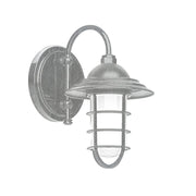 Painted galvanized wall lantern light with round backplate and glass enclosure