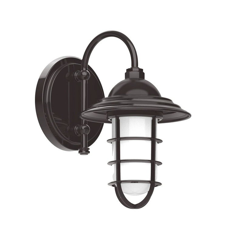 Architectural bronze outdoor wall light with domed hood and frosted clear glass shade