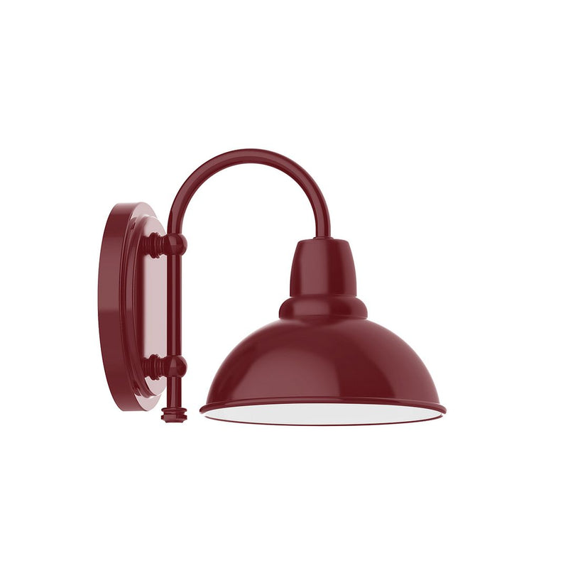 Barn red LED wall sconce with curved backplate and dome shade