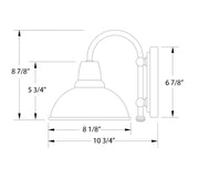 Wall sconce diagram with dome shade, arched arm, and size measurements