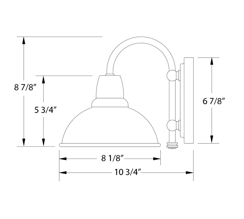 Wall sconce diagram with dome shade, arched arm, and size measurements