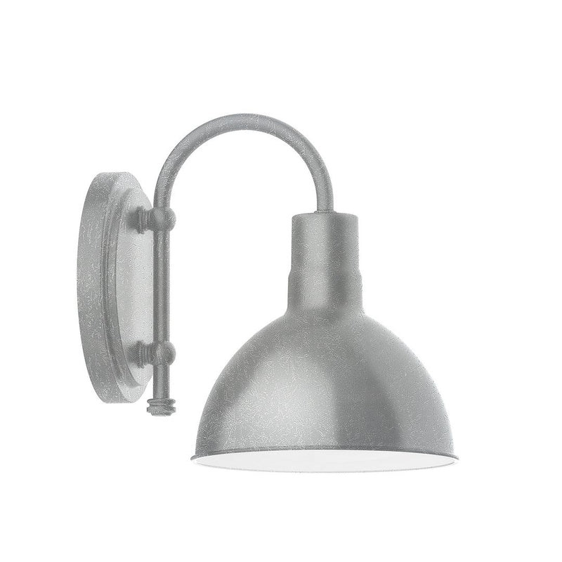 8 in deep bowl wall sconce, gray painted galvanized finish, curved backplate.
