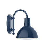 Navy LED wall sconce with deep bowl shade and round backplate, curved arm