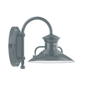 Slate gray gooseneck wall light with round backplate and curved arm.