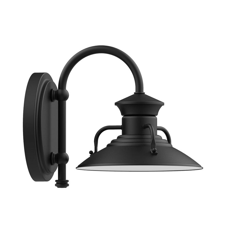 Black wall light with curved arm and domed lantern-style shade on a mounting bracket.