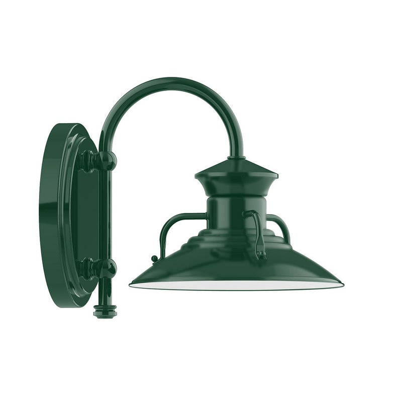 Forest green metal wall light with arched lamp shade and round backplate