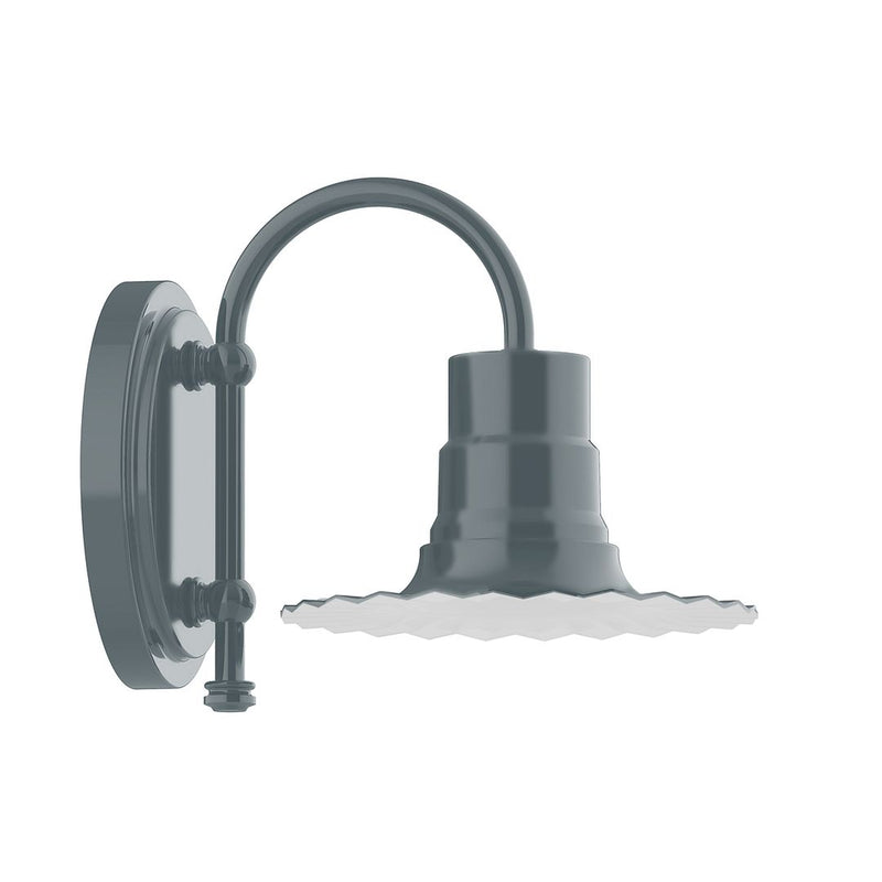 Slate gray radial wall light with curved backplate and arched arm, exterior sconce