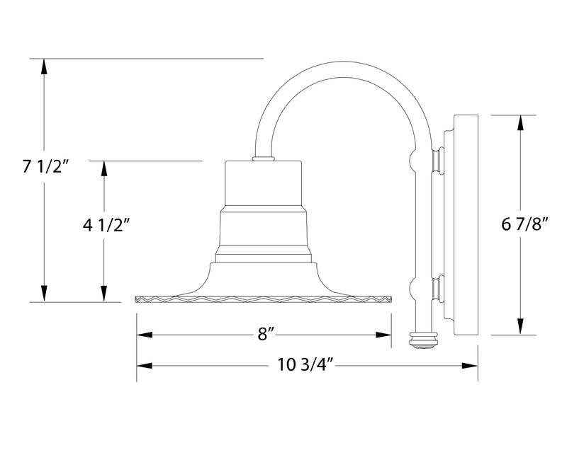 Radial wall light line drawing with 8 in width and 7 1/2 in height