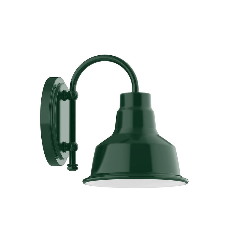 Forest green wall sconce with curved arm and bell shade