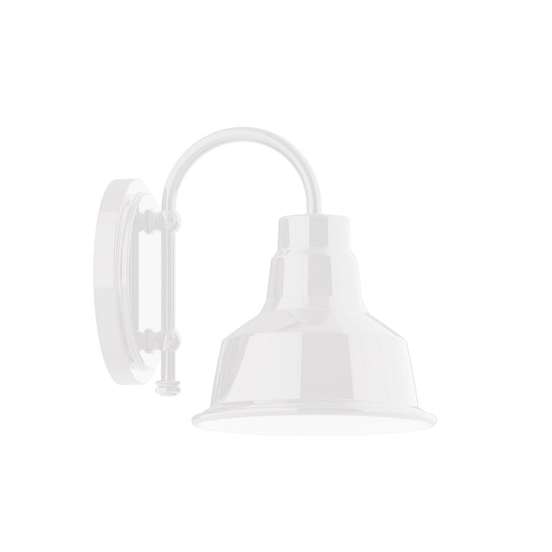 White wall light sconce with arched arm and bell-shaped shade