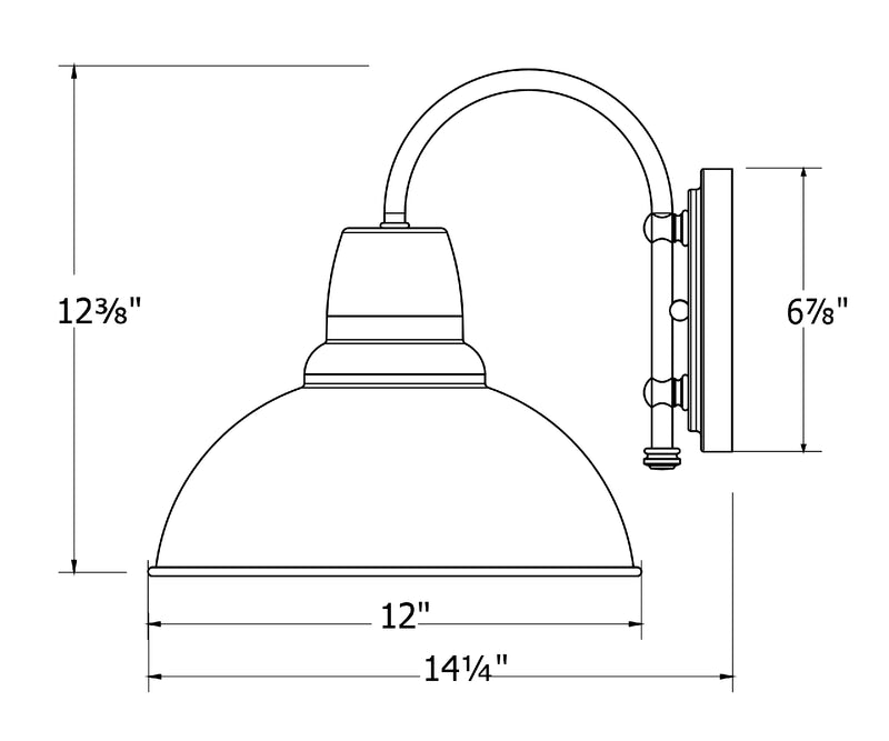 Vermillion cafe wall sconce line drawing with 12" wide dome shade