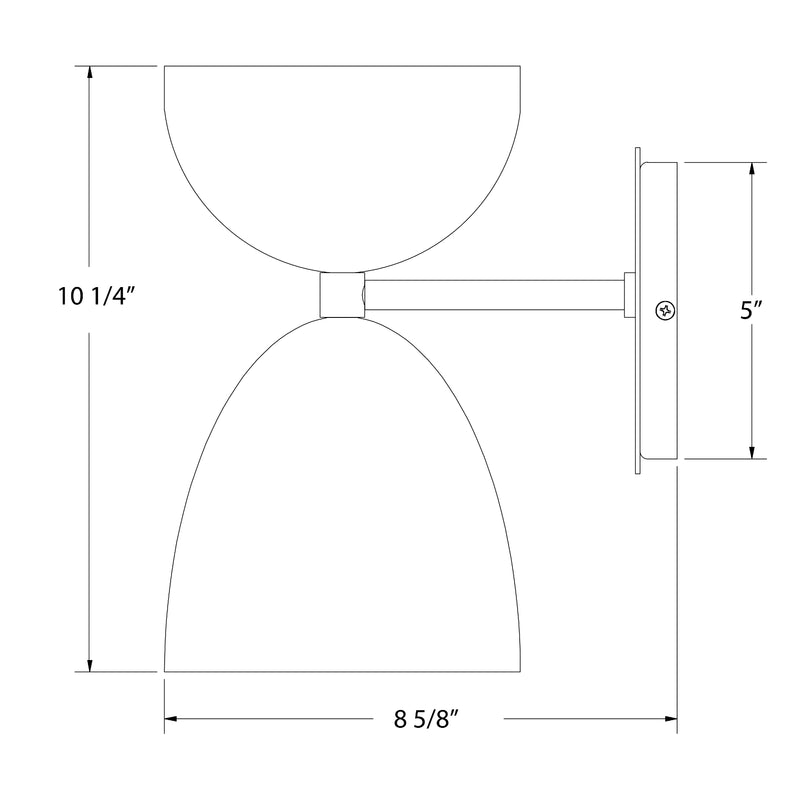 Black wall sconce line drawing with 8 5/8 in width, 10 1/4 in height, 5 in depth