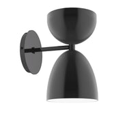 Black 6-inch LED wall sconce with two domed shades and wall-mounted arm