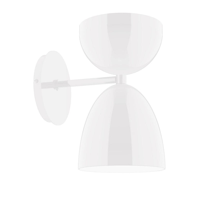 White wall sconce with two stacked glass shades and horizontal arm