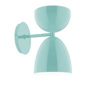 Sea green wall sconce with two bell shades and round backplate.