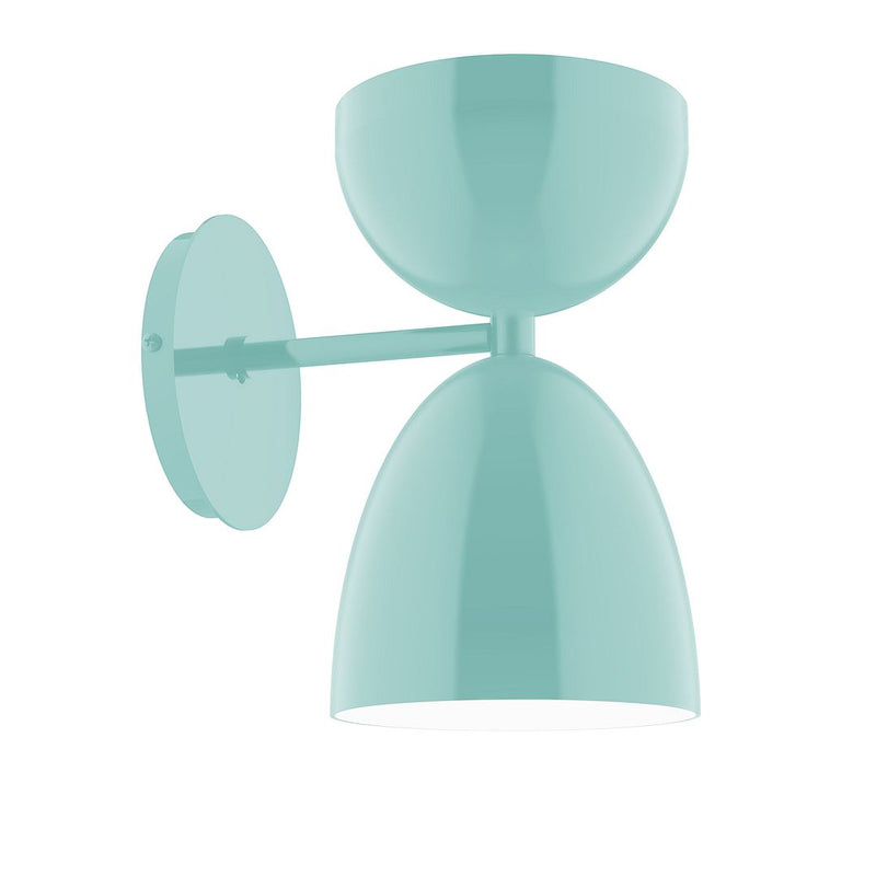 Sea green wall sconce with two bell shades and round backplate.