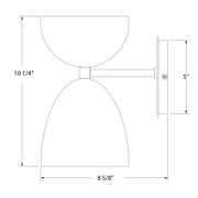 Wall sconce line drawing with two bell shades and 8 5/8" width.