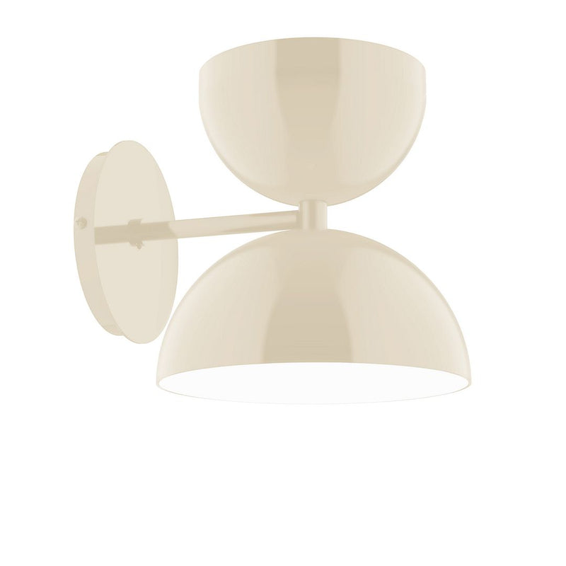 Cream double-shade wall sconce with curved arm and round backplate