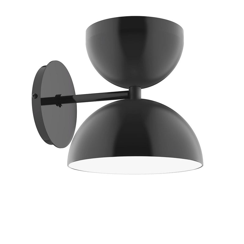 Black wall sconce with two dome shades and round backplate.