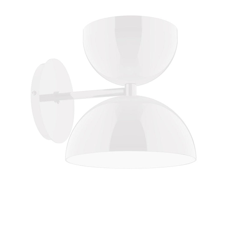 White dome wall sconce with two stacked shades and horizontal arm