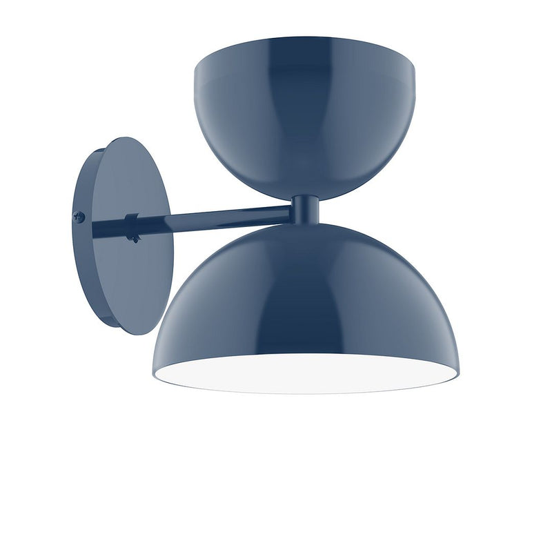 Navy two-shade wall sconce with round backplate and adjustable arm
