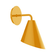 Bright yellow wall sconce with round backplate and cone shade