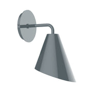 Slate gray LED wall sconce with round backplate and angled dome shade