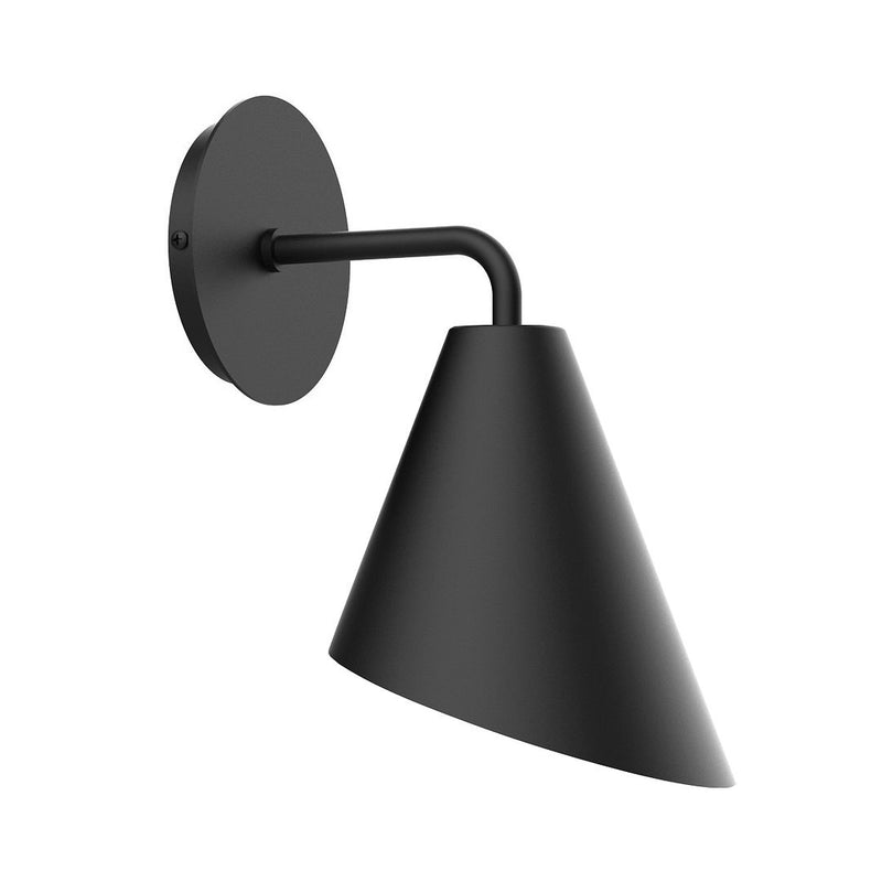 Black LED wall sconce with round backplate and conical shade