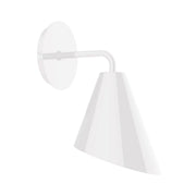 White LED wall sconce with round backplate and angled fabric shade