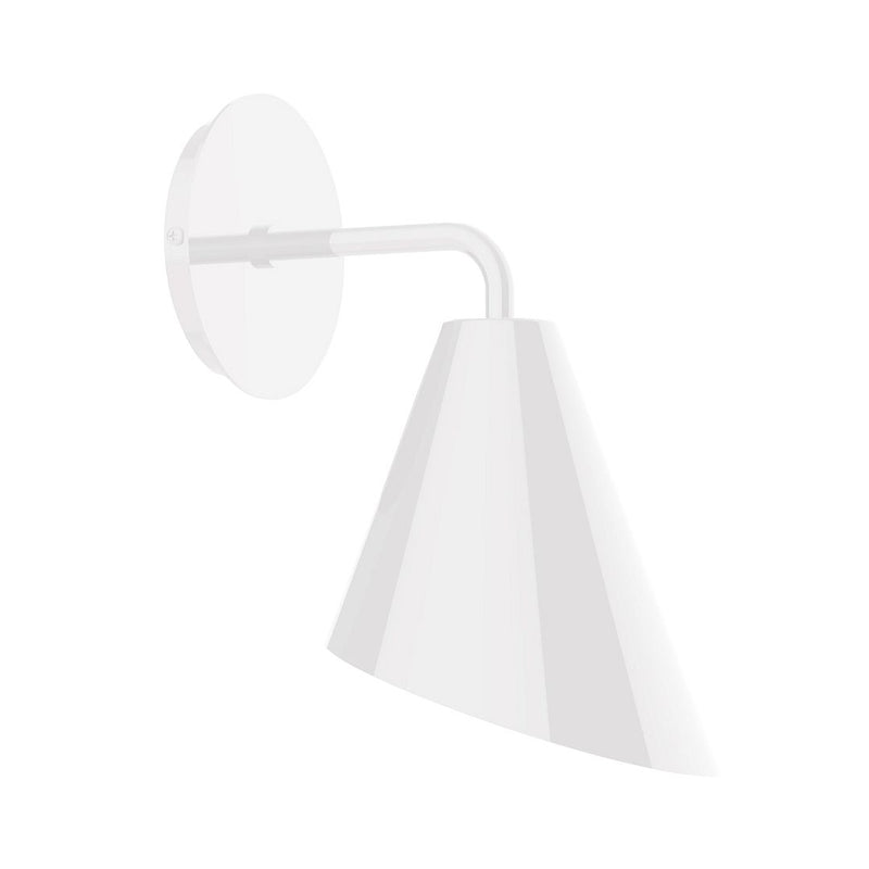 White LED wall sconce with round backplate and angled fabric shade