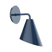 Navy LED wall sconce with round backplate and curved arm, conical shade