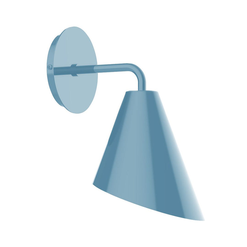 Light blue wall sconce with round backplate and angled cone shade
