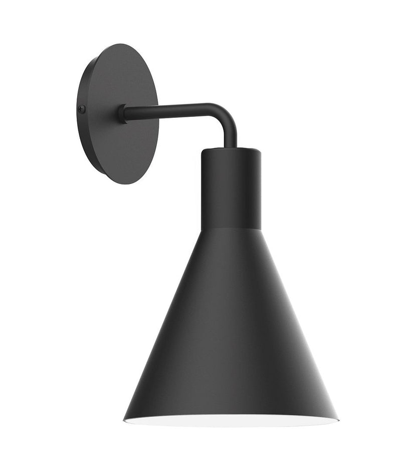 Black wall sconce with cone shade and curved arm, round backplate