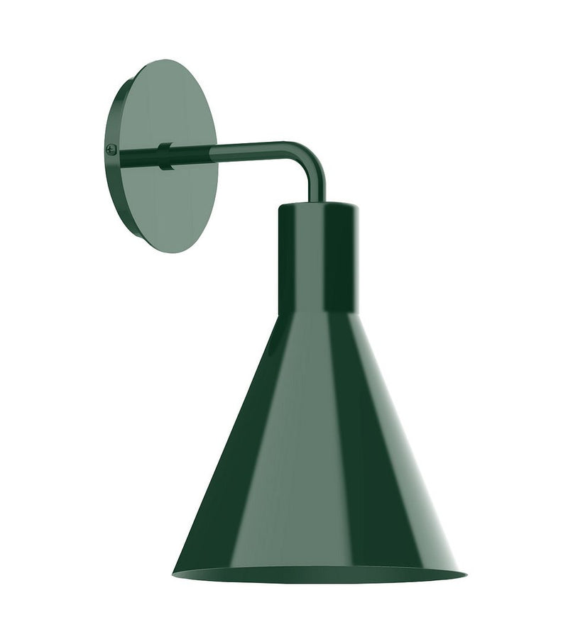 Forest green wall sconce with cone shade and curved metal arm