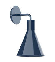 Navy wall sconce with curved arm and flared metal shade, 8 in