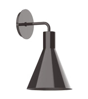 Architectural bronze wall sconce with curved arm and inverted cone shade
