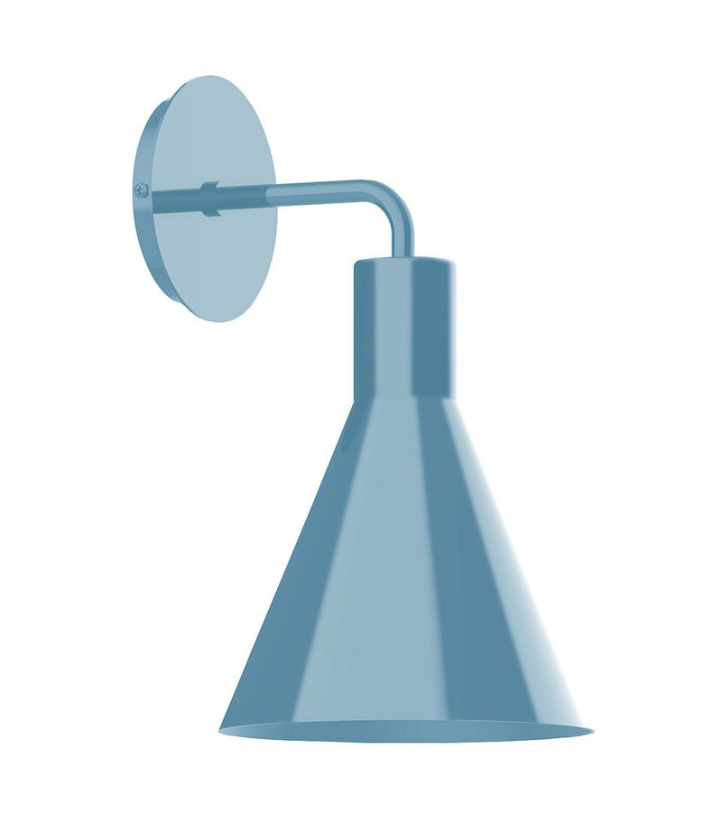 Light blue wall sconce with round backplate and cone-shaped shade