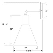 LED wall sconce line drawing with bell shade, curved arm, and backplate dimensions