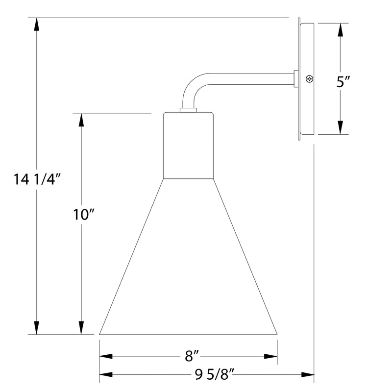 LED wall sconce line drawing with bell shade, curved arm, and backplate dimensions