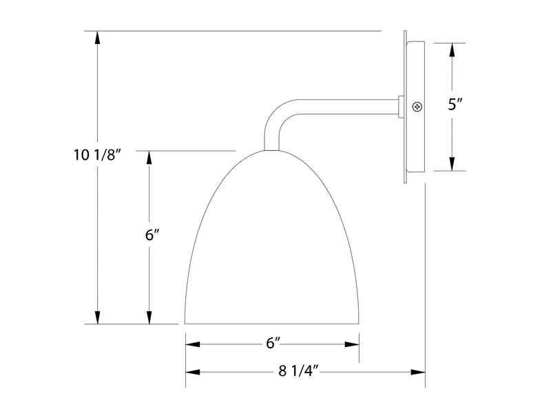 Wall sconce dimensions: 6" wide, 10 1/8" high, 5" projection