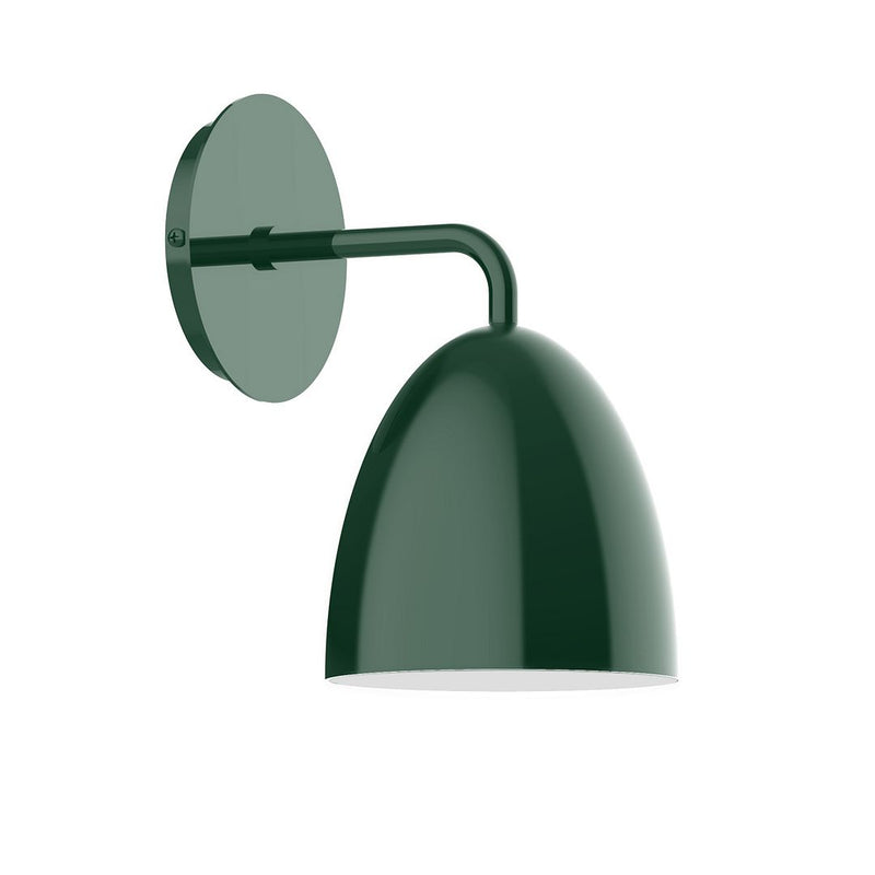 Forest green wall sconce with round backplate and arched arm, dome shade